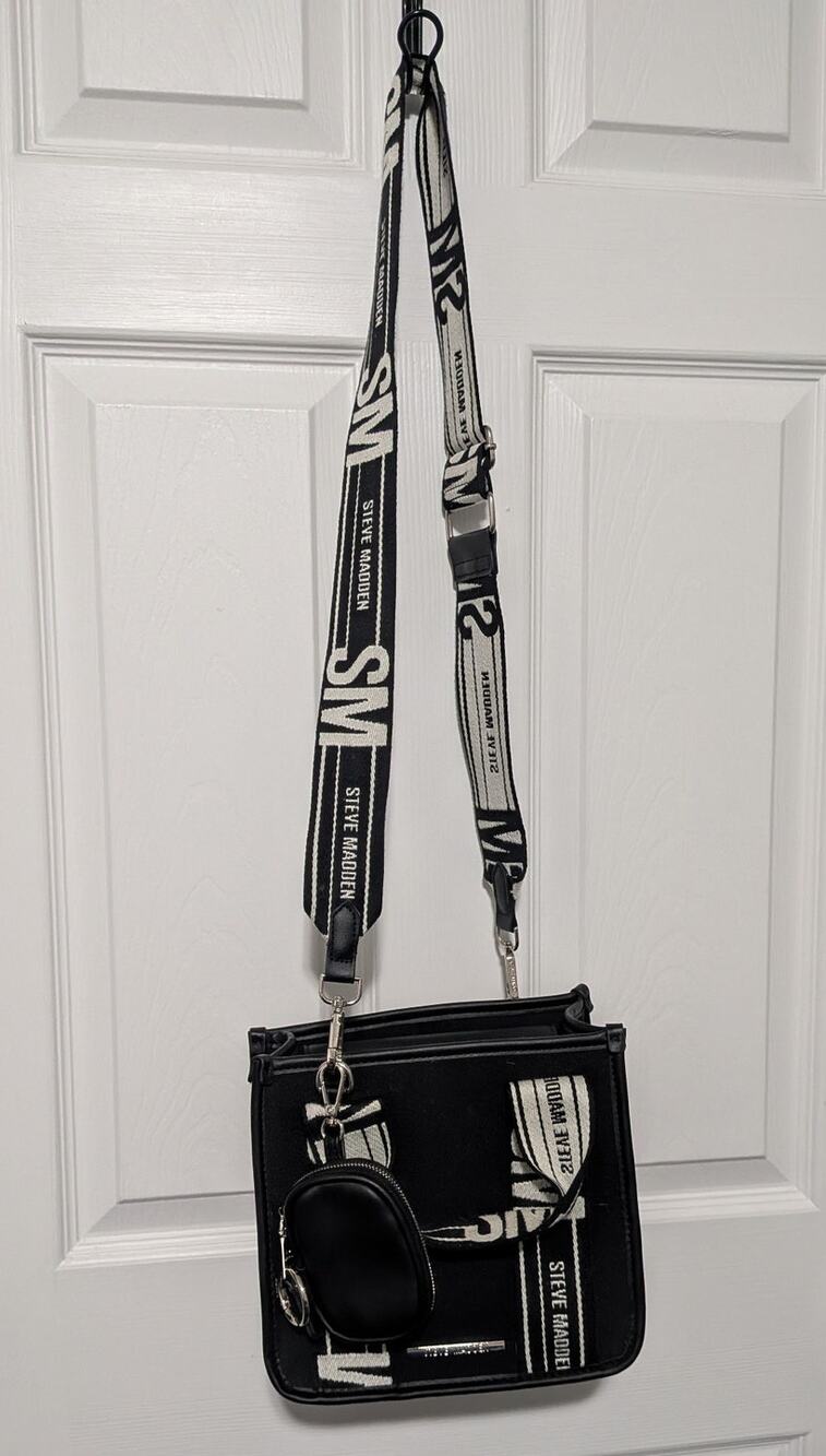 Steve Madden Bwebber Black Canvas Crossbody Satchel Bag Logo Strap Coin Pouch